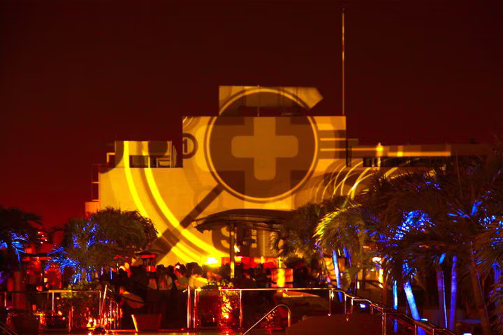 Projection mapped graphics across the Gansevoort Miami Beach exterior during Miami Music Week