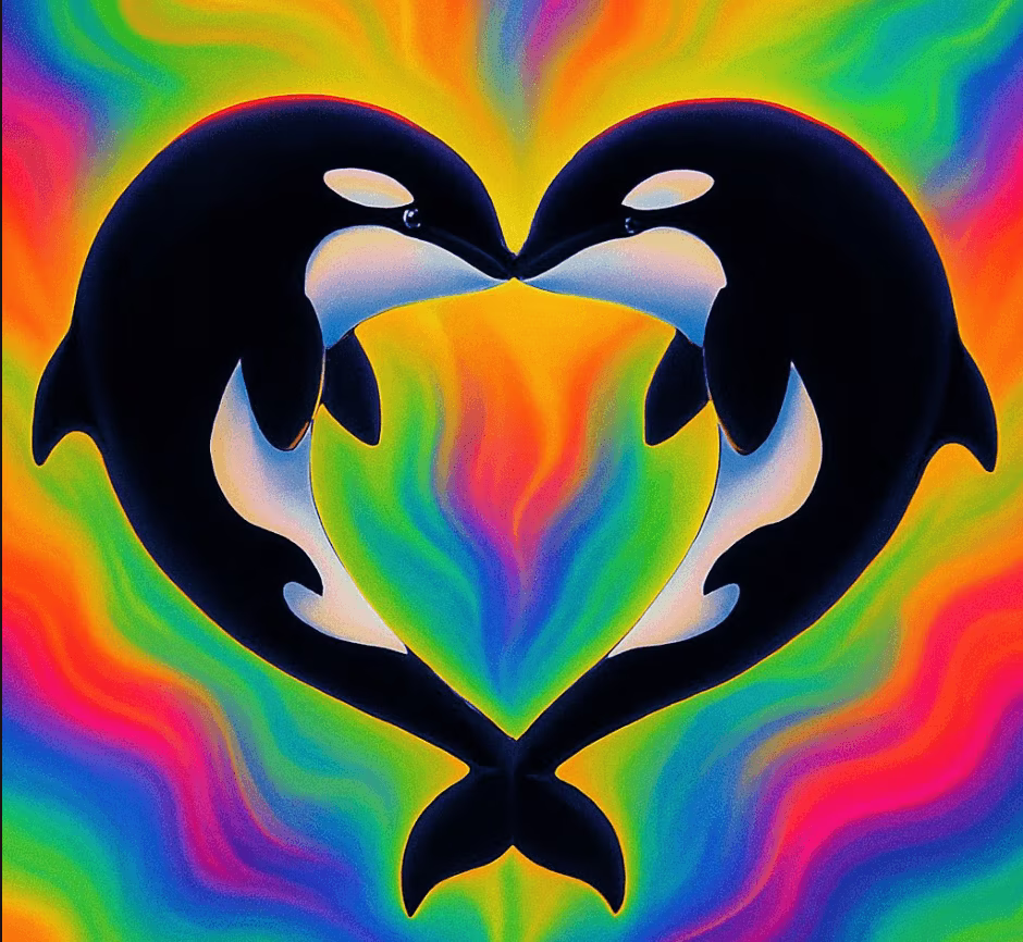 Two orcas forming a heart over a vivid rainbow liquid-light background