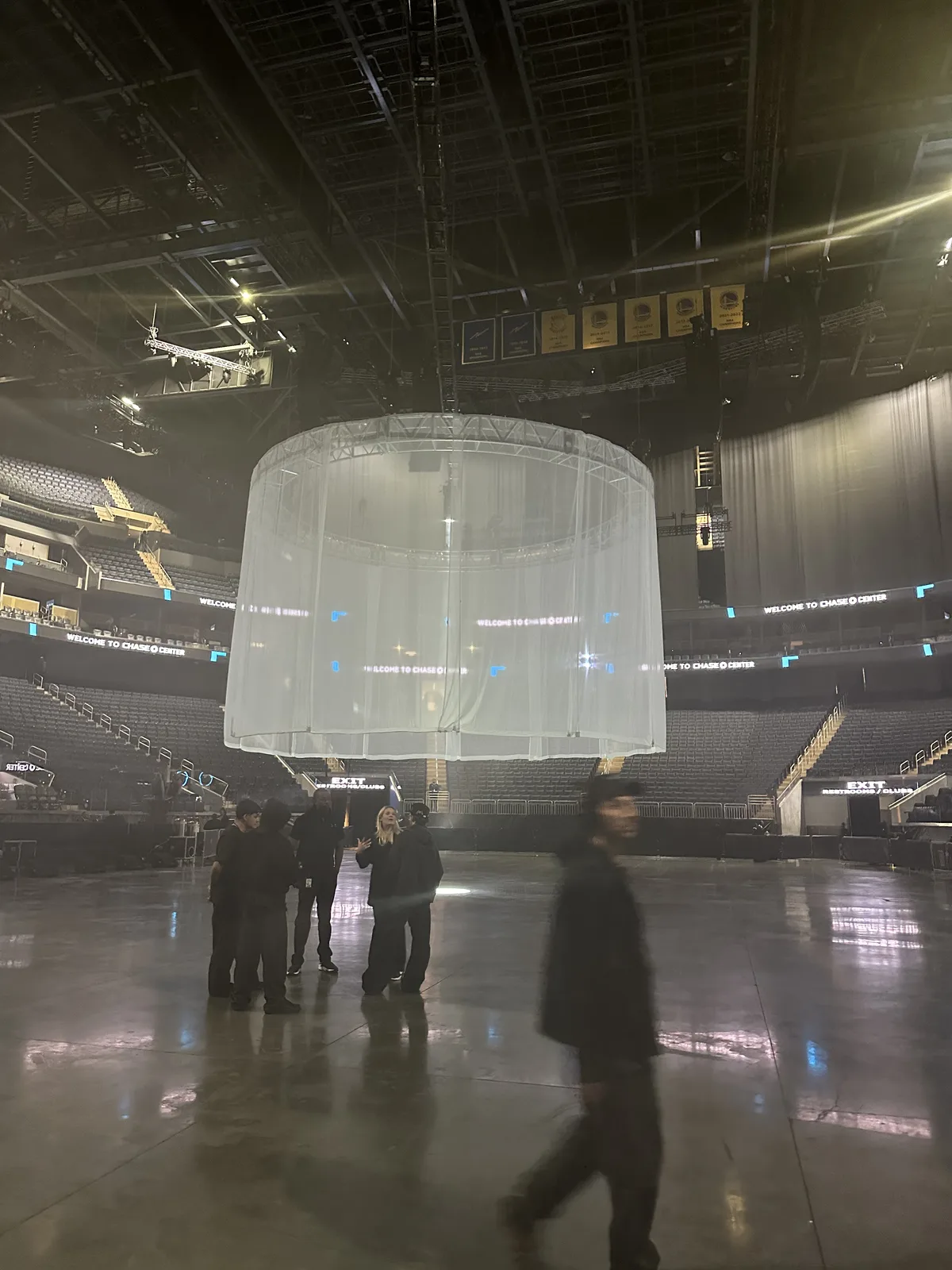 Circular scrim at Chase Center before the Vultures Listening Experience