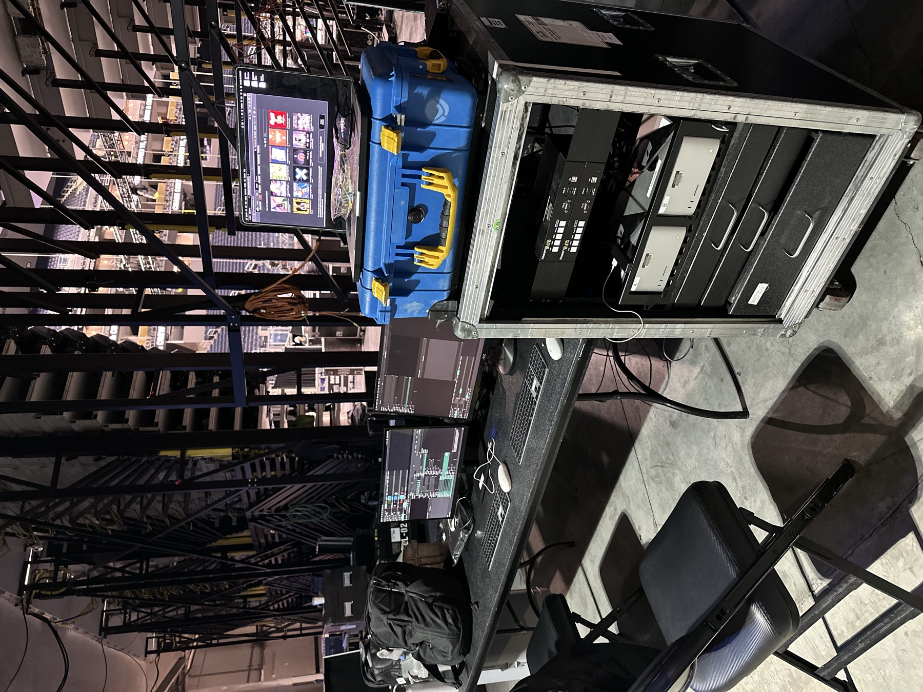 Media server rack and workstation used for Resolume playback at the Vultures Listening Experience