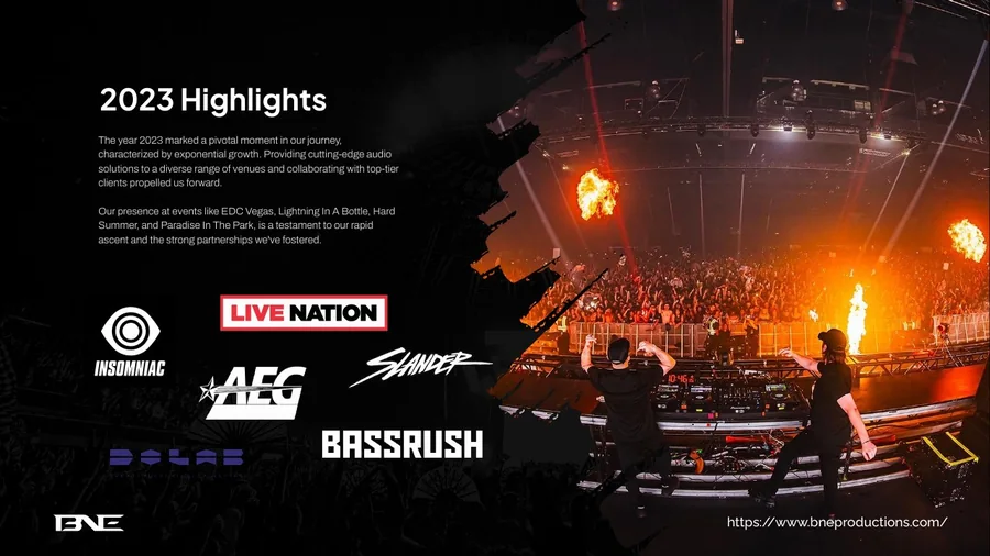 BNE Productions highlights slide with live event imagery