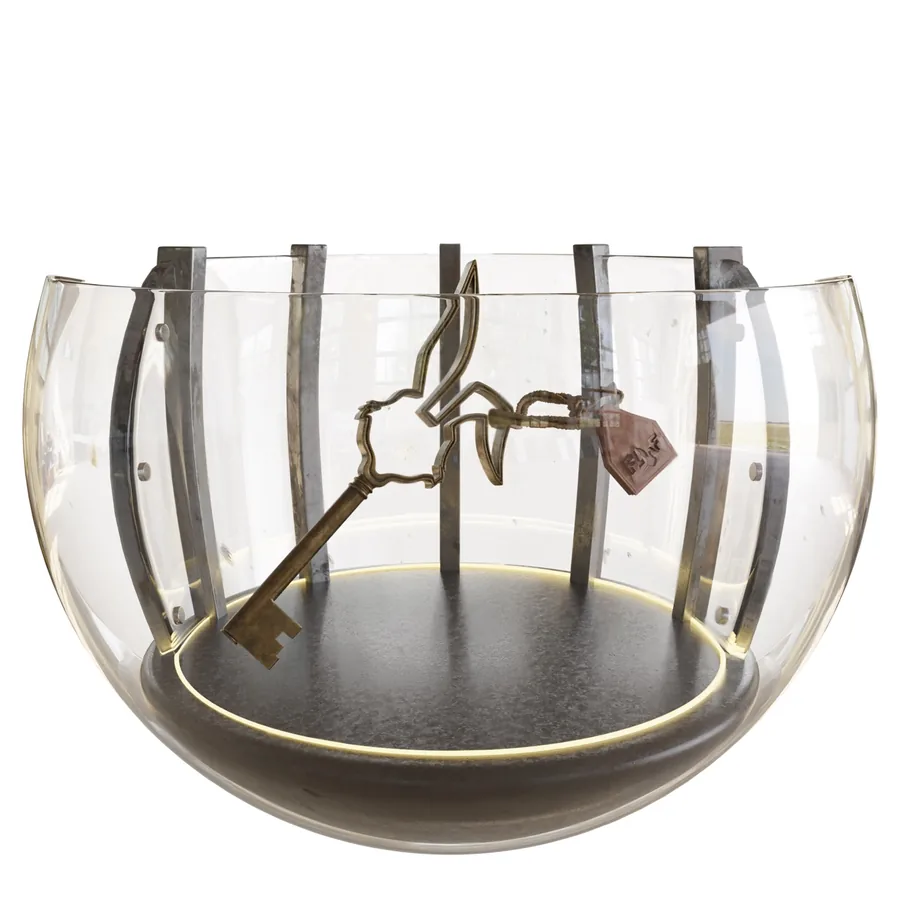 FLUF Key render in a glass display case