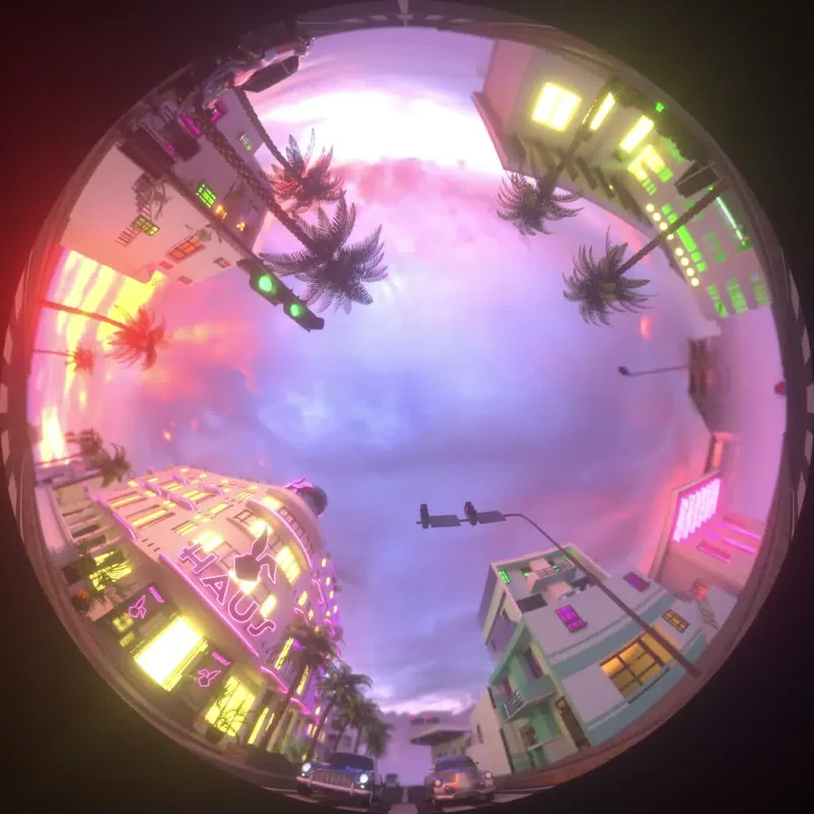 FLUF Haus dome frame with warm neon color and city edges