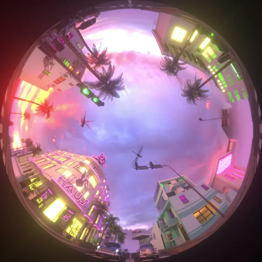 FLUF Haus dome frame with flying silhouettes across a bright sky