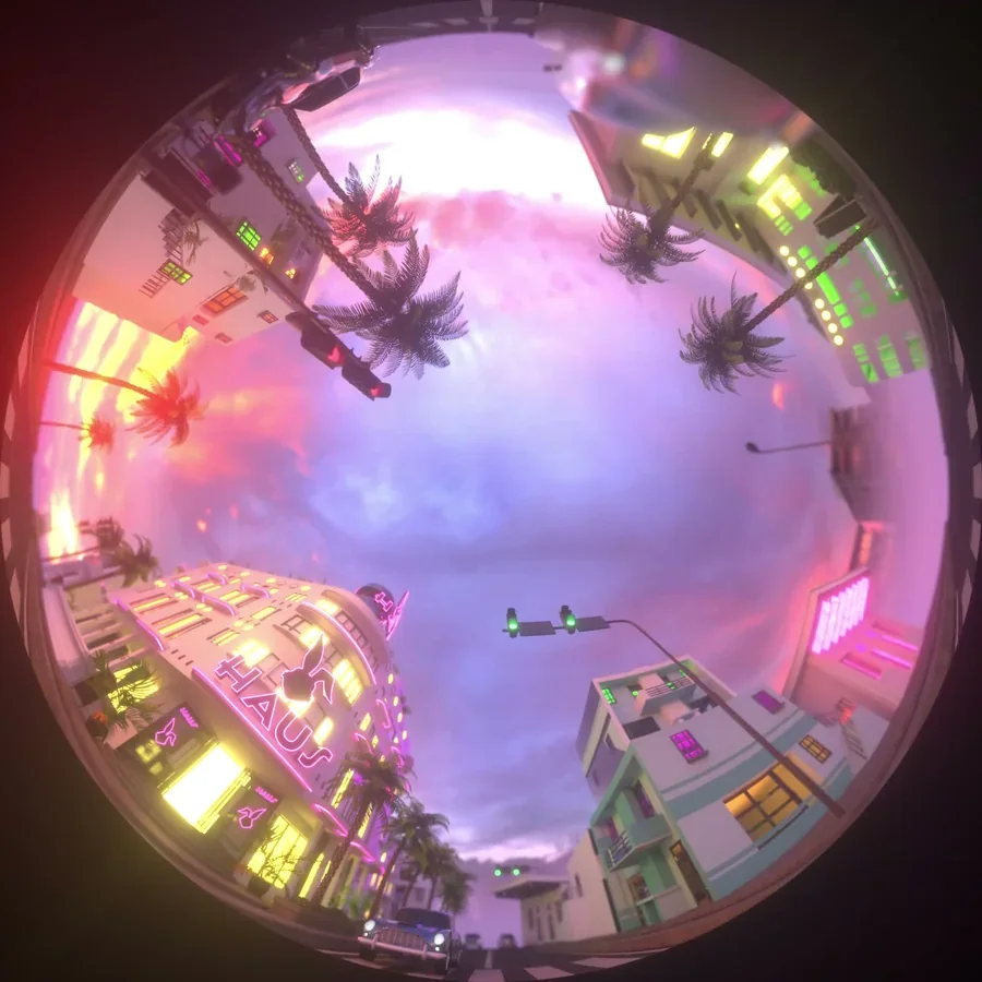 Pastel FLUF Haus dome animation frame with birds and buildings