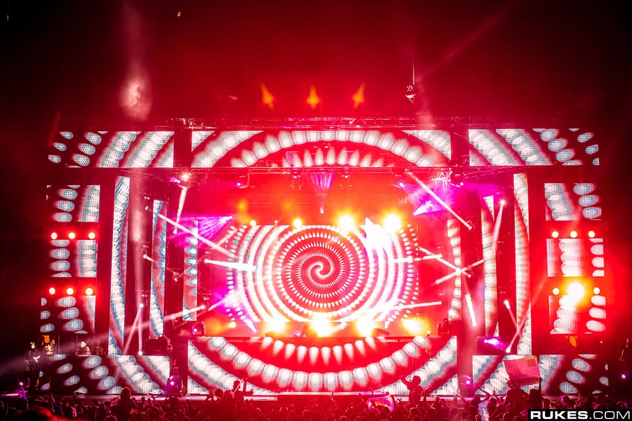 IDentity Festival main stage with red spiral LED wall visuals photographed by Rukes