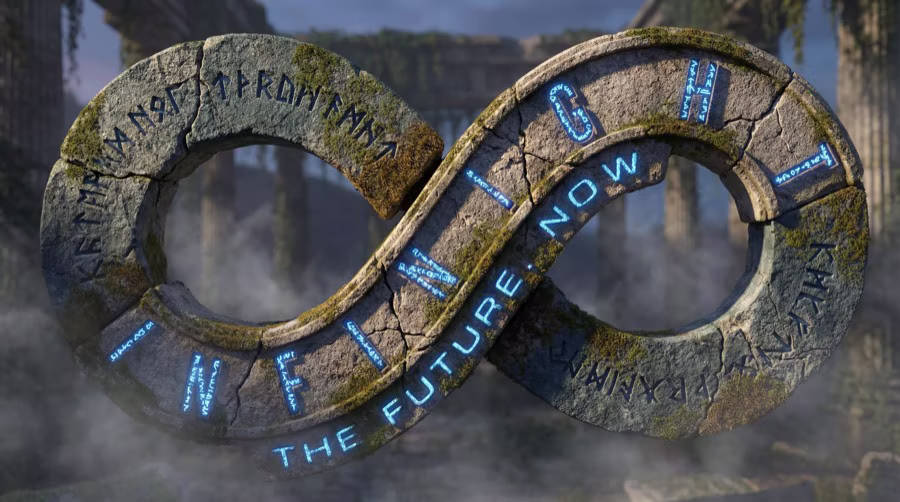 Ancient stone INFINIGHT infinity logo with moss and glowing blue runes