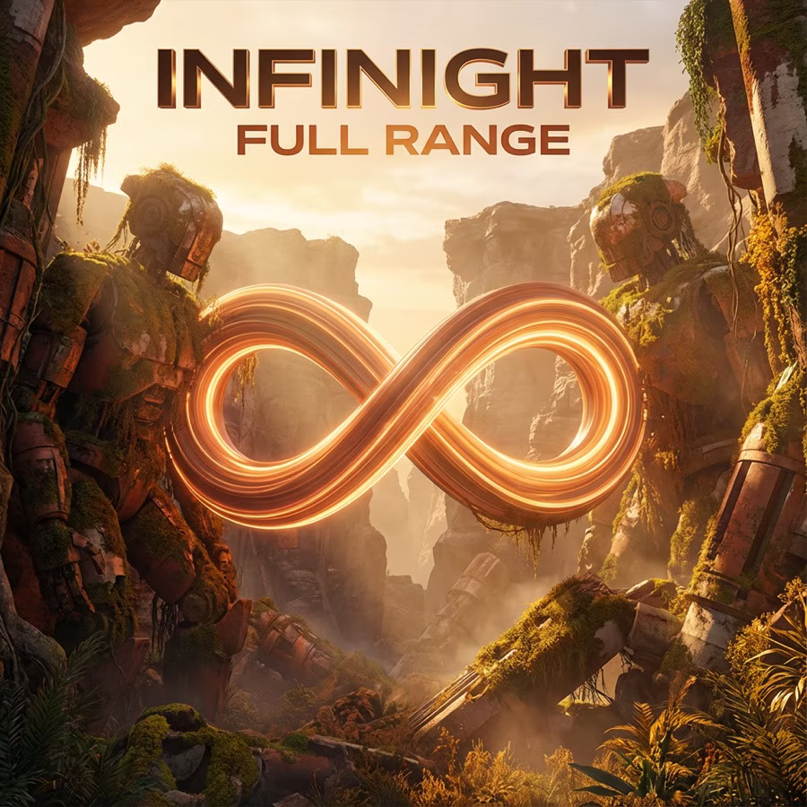 INFINIGHT Full Range artwork with a glowing infinity symbol in a sunlit canyon