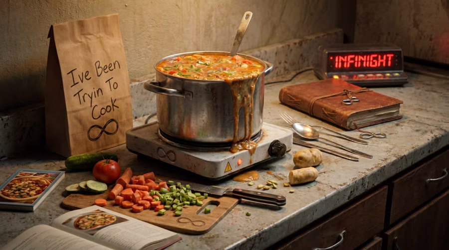Surreal INFINIGHT cooking concept with glowing sign and infinity motifs
