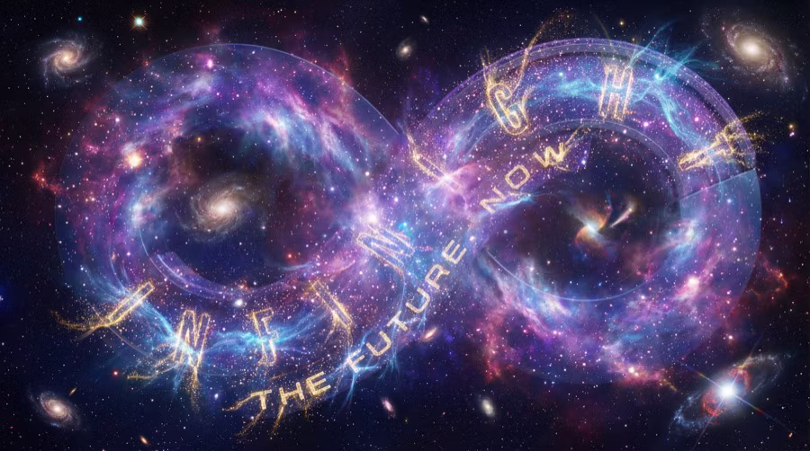 Cosmic INFINIGHT infinity logo formed from stars and nebula textures