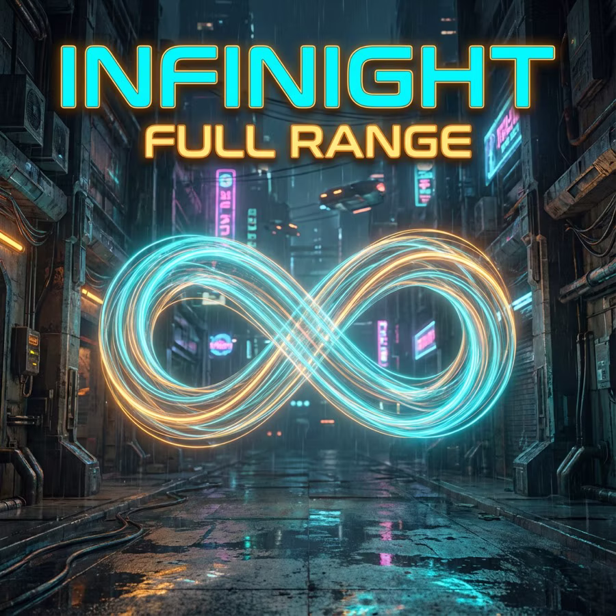 INFINIGHT Full Range artwork with neon infinity symbol in a rainy cyberpunk alley
