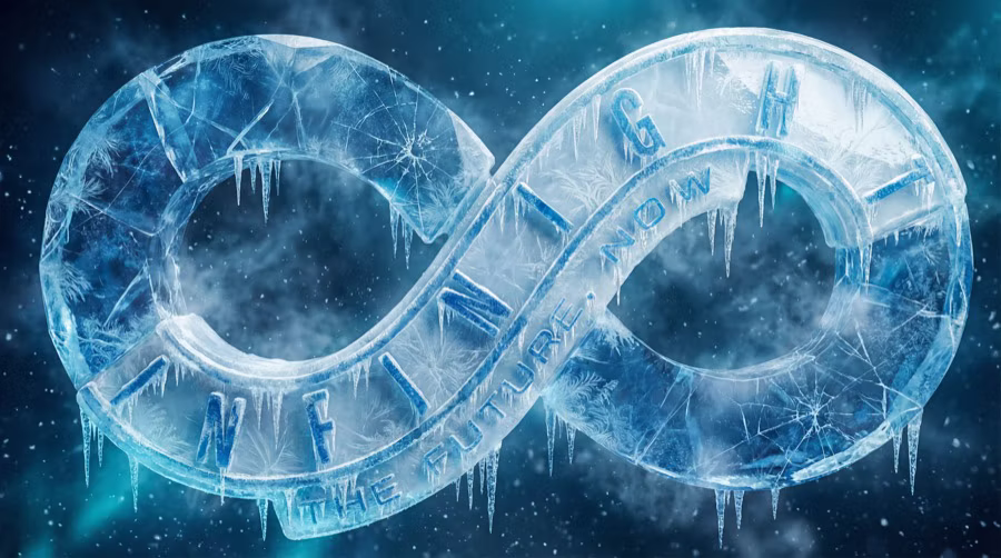 Frozen INFINIGHT infinity logo made from translucent cracked ice