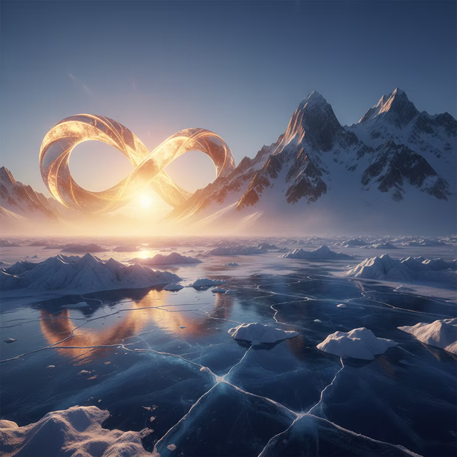 Golden infinity symbol hovering above a frozen arctic landscape at sunrise