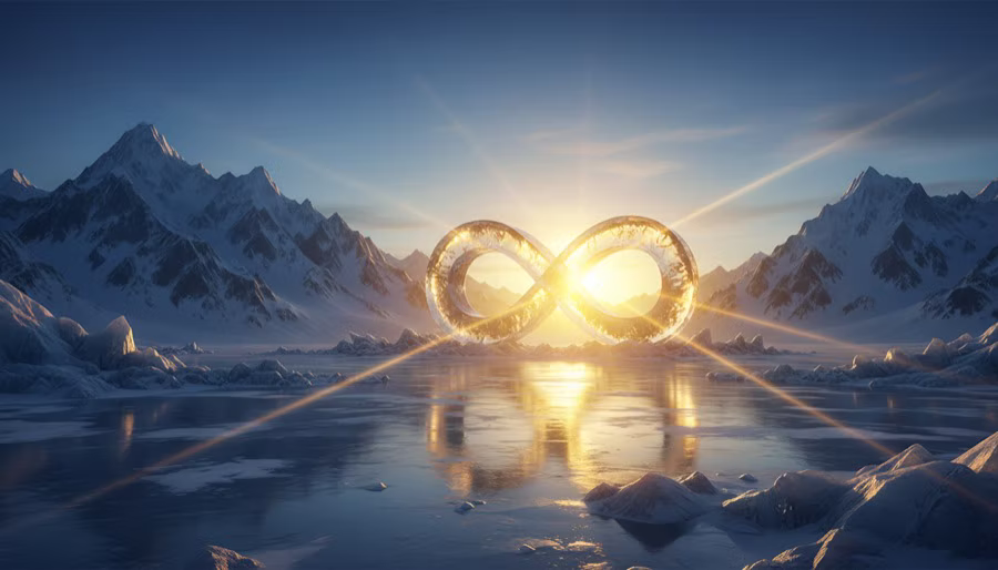 Wide arctic scene with a glowing golden infinity symbol on a frozen horizon
