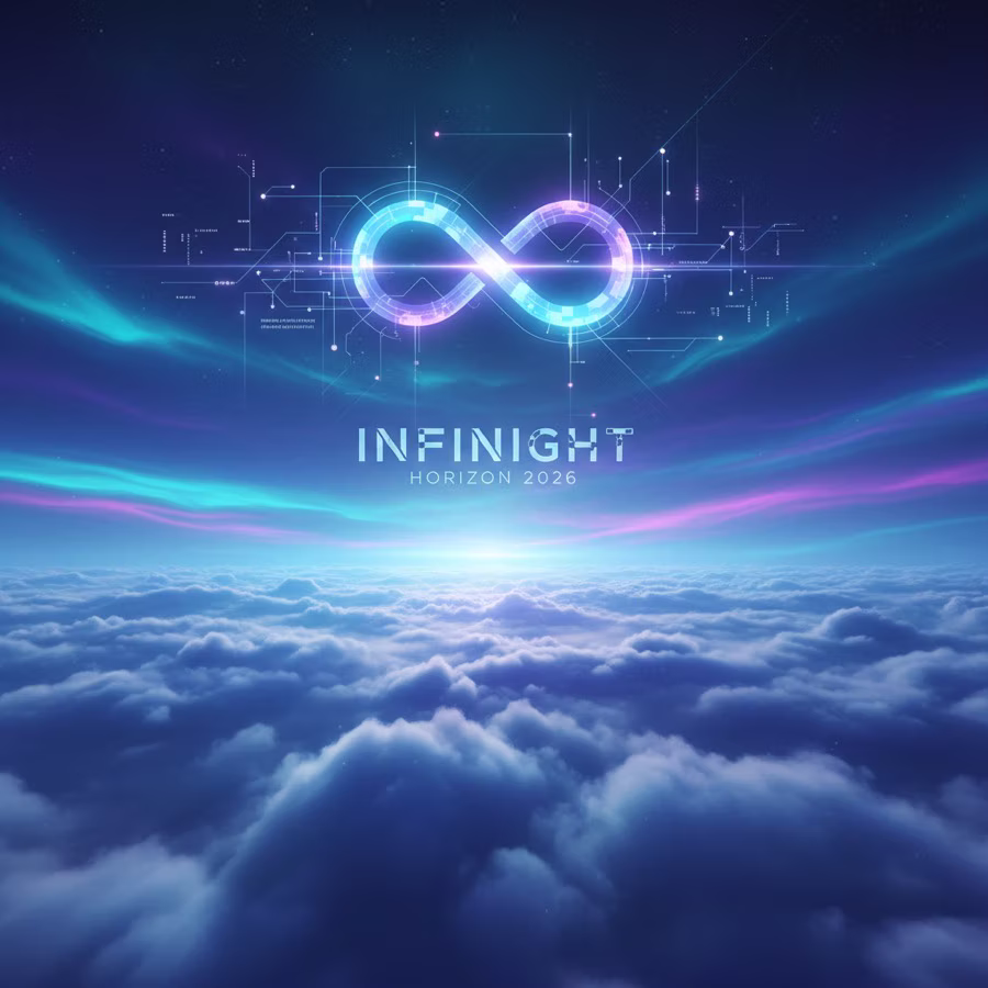 INFINIGHT Horizon 2026 artwork with a luminous infinity mark above clouds