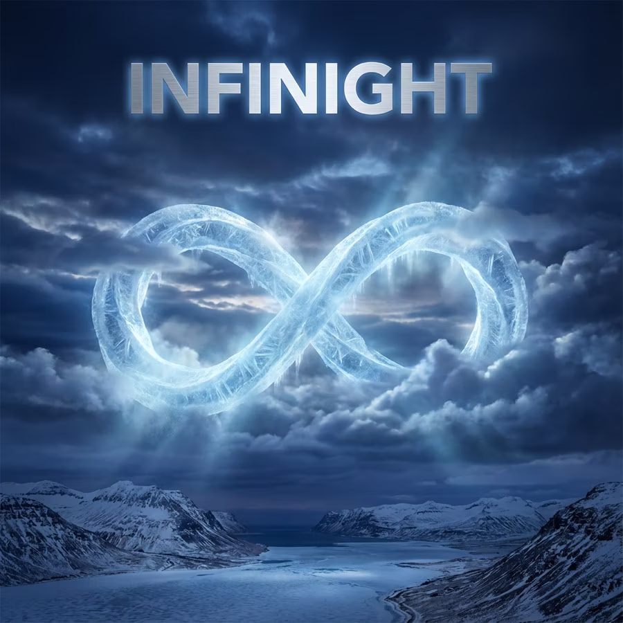 INFINIGHT poster with an icy infinity symbol floating above storm clouds and mountains