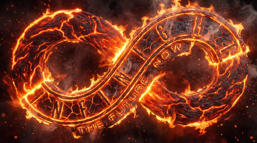 Molten INFINIGHT infinity logo made of cracked lava and fire