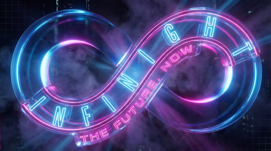Cyan and magenta INFINIGHT infinity logo floating in a smoky neon city