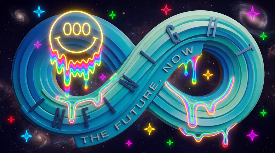 Neon INFINIGHT infinity logo treatment floating in a star field