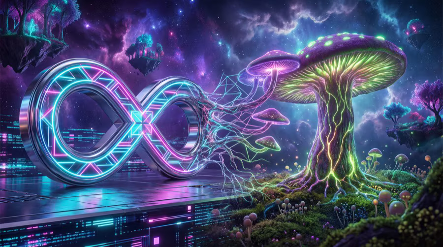 Neon infinity symbol connected to a glowing mushroom world in a cosmic landscape
