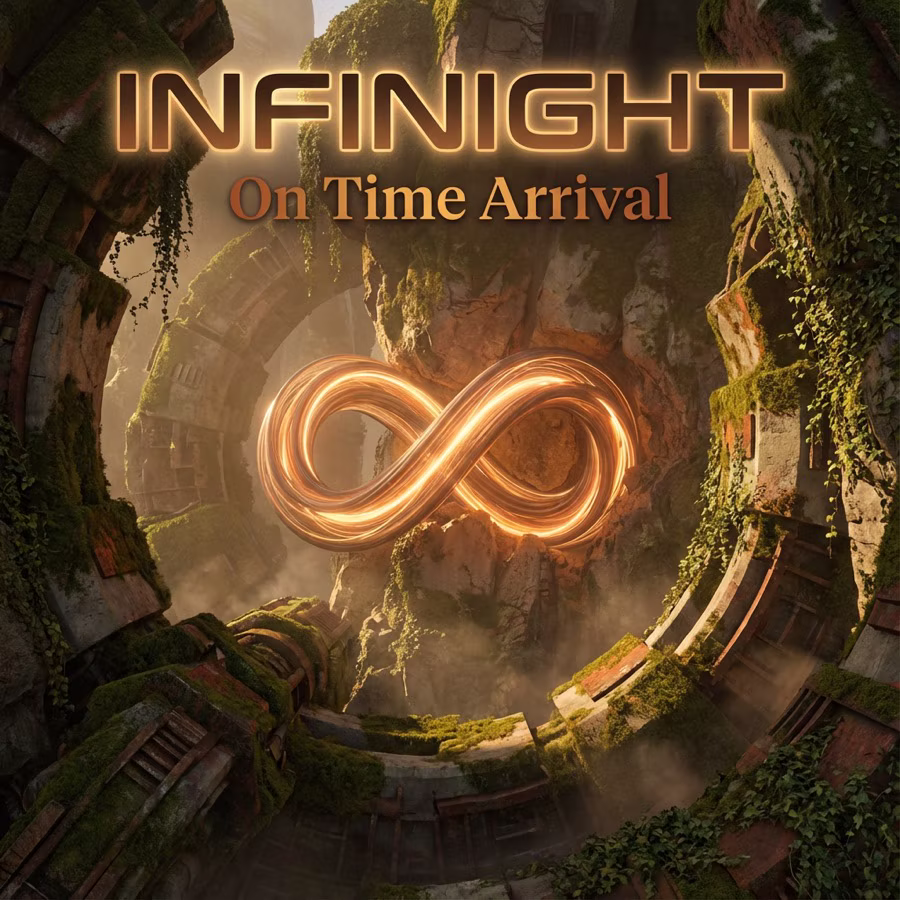 INFINIGHT On Time Arrival artwork with a glowing infinity symbol inside an overgrown circular ruin