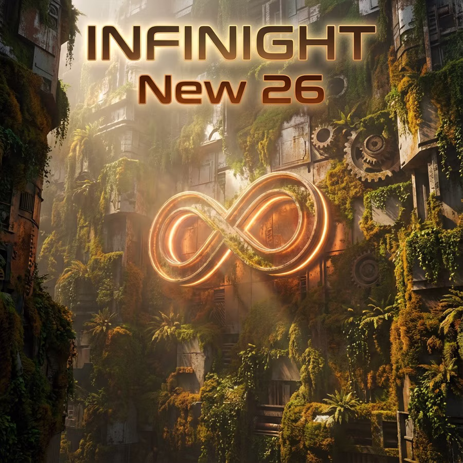 INFINIGHT New 26 artwork with an overgrown futuristic building and glowing infinity symbol