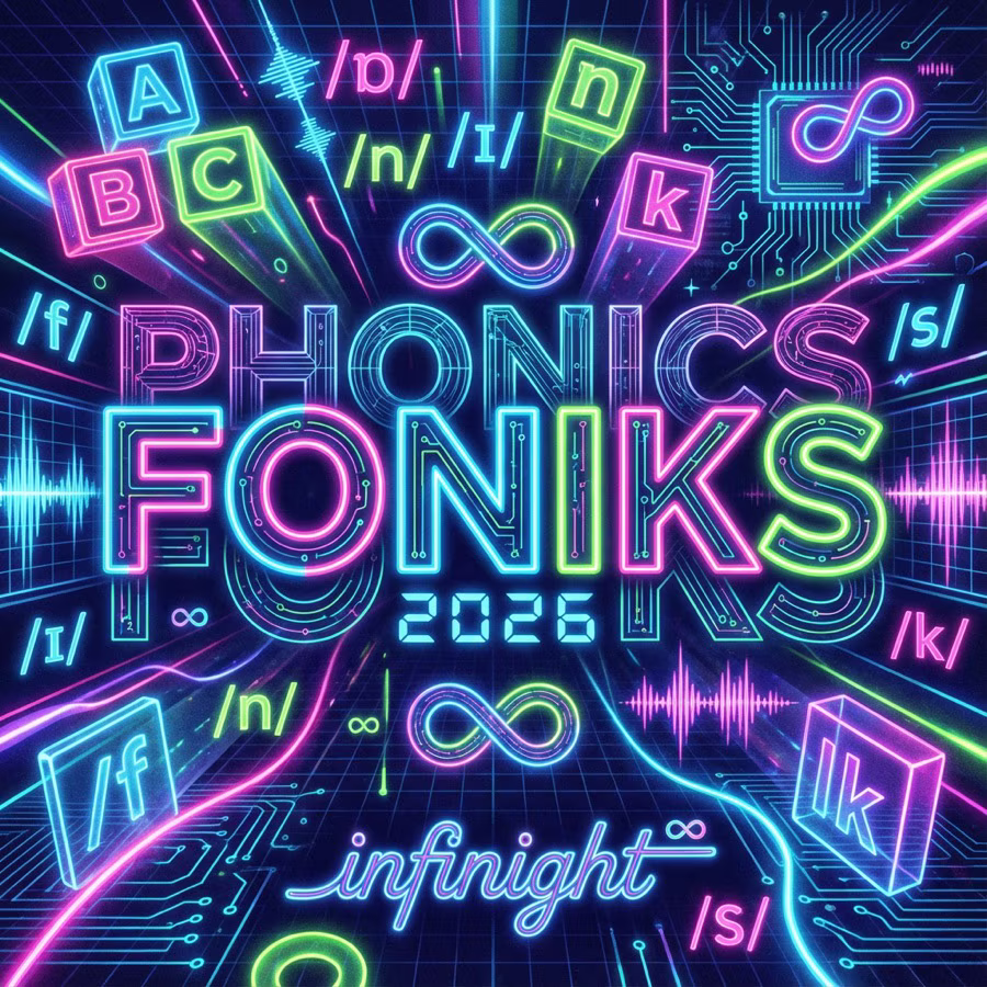 INFINIGHT Phonics Foniks artwork with neon typography, circuit graphics, and phonetic symbols