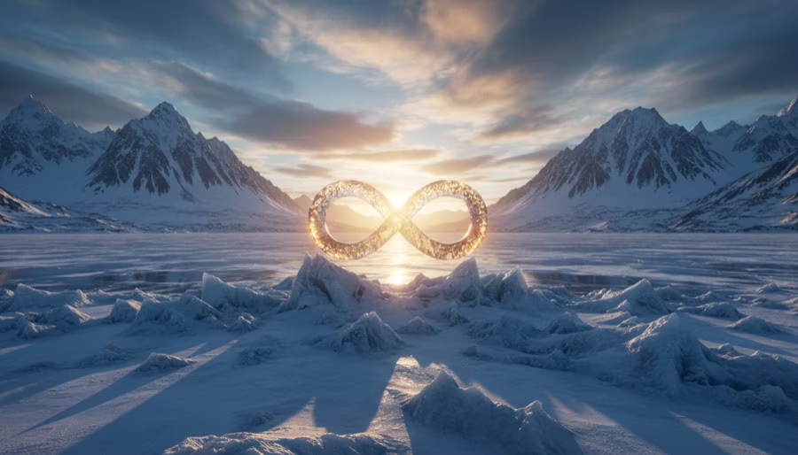 Wide snowfield scene with a glowing infinity symbol between mountains at sunset