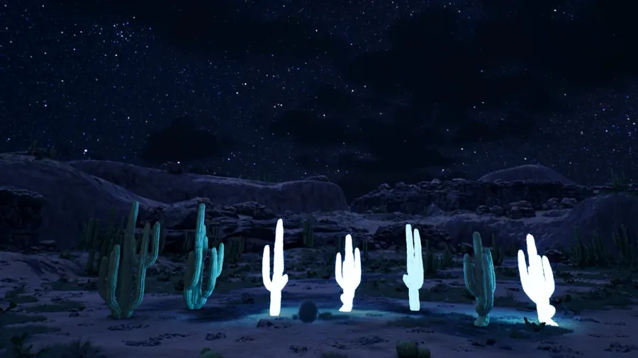 Night desert cactus visual with glowing cactus silhouettes