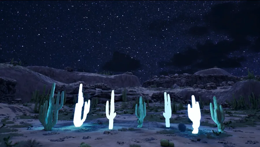 Starry desert cactus visual world with illuminated cactus shapes