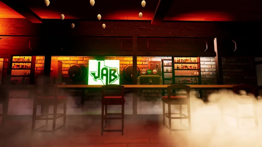 Josh Abbott Band dive bar interior visual with glowing JAB logo and stage fog