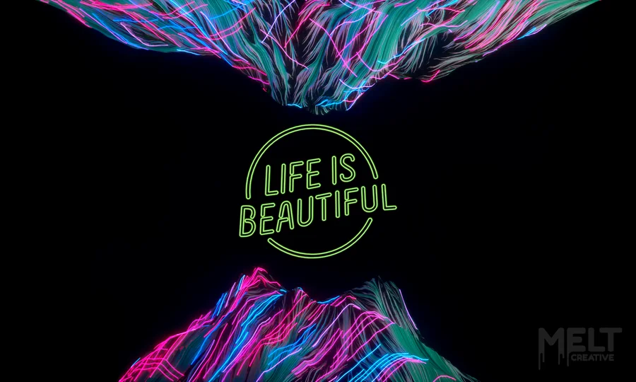 Life Is Beautiful festival visual with neon mountain forms