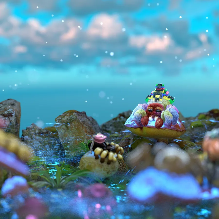 Colorful mushroom-world lookdev frame with FLUF characters in a soft blue environment
