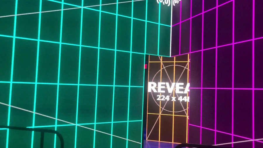 Teal, magenta, and center reveal LED panels at the end of the mapping test