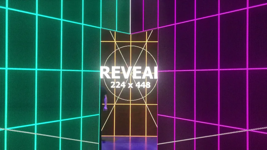 LED volume test showing angled teal and magenta wall geometry