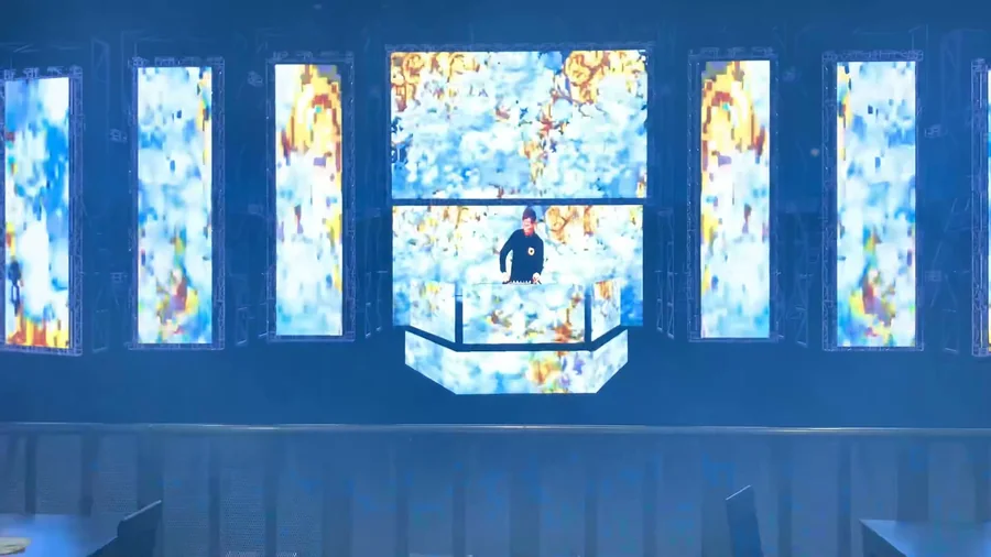Front view of KASKADE composited onto the animated virtual DJ platform
