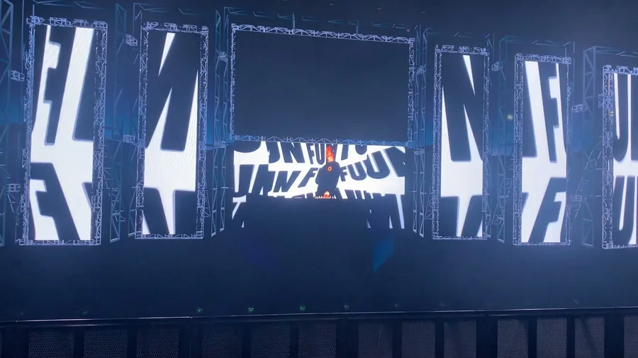 Animated virtual stage with bold graphic content across the LED wall system