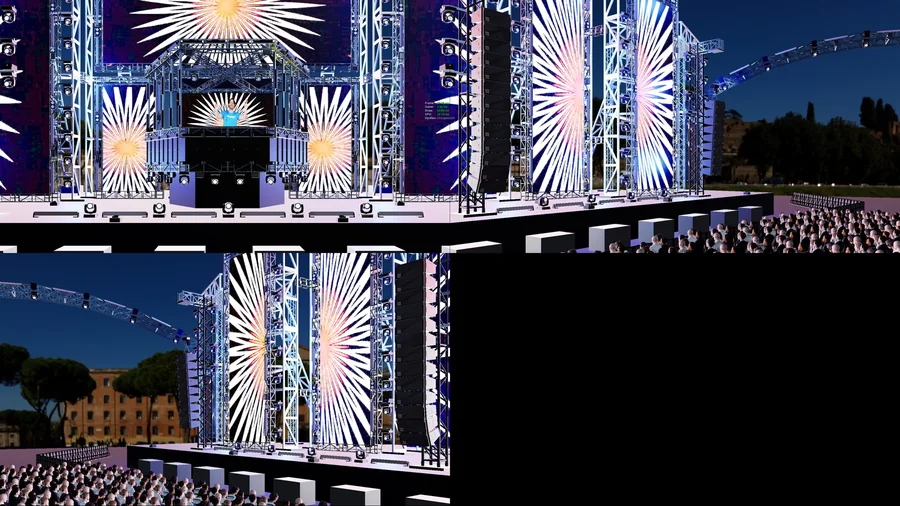 Distant aerial render of The Pentagon immersive concert environment