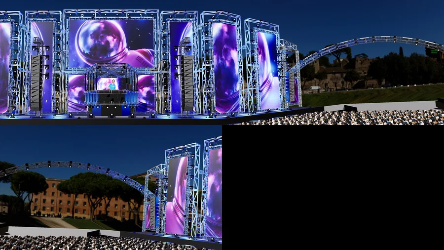 Wide render of The Pentagon stage, DJ booth, and LED walls