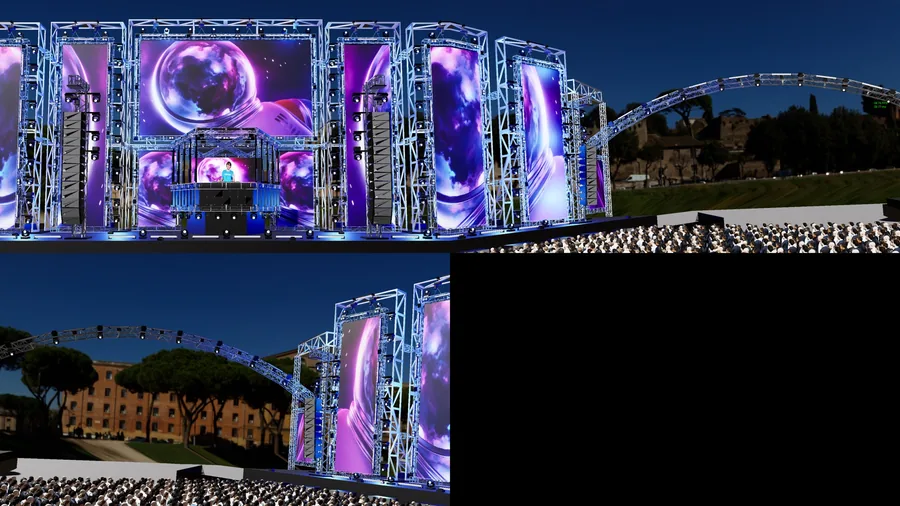 The Pentagon arena render with audience, LED walls, and side lighting towers