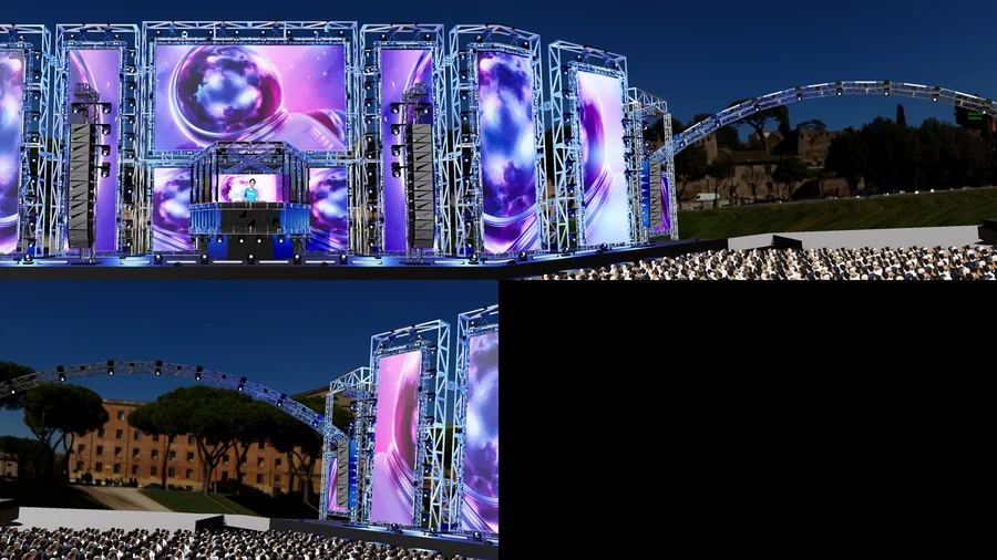 Overhead oblique render of The Pentagon virtual venue and lighting truss