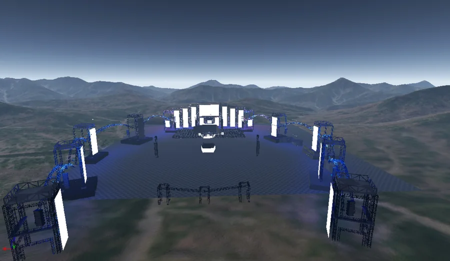 Virtual production rig study for The Pentagon with mountains behind the stage