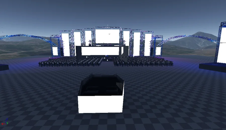 Rear oblique process render of The Pentagon stage world