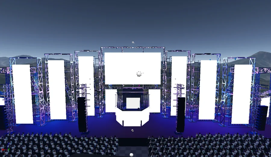 Side process render of The Pentagon with audience layout and LED pillars