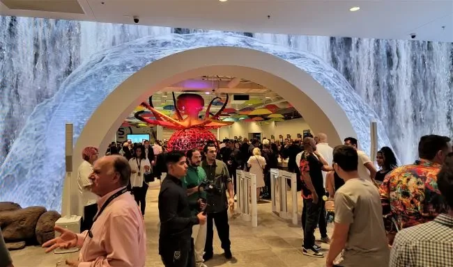 Planet 13 opening crowd in front of the waterfall LED wall