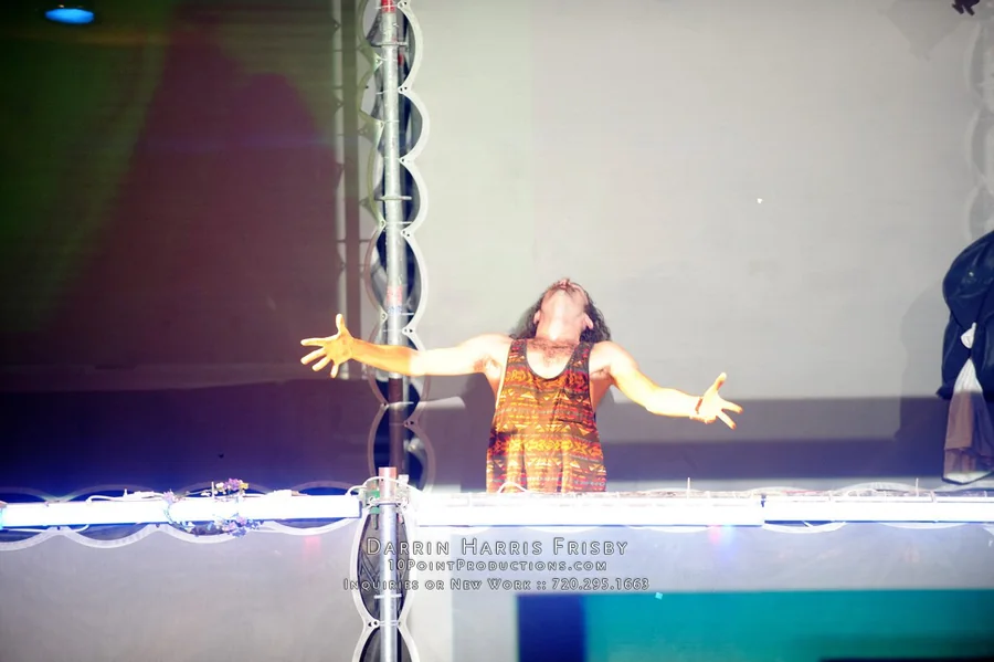 Performer and projection surface detail on the Tower of Babel stage
