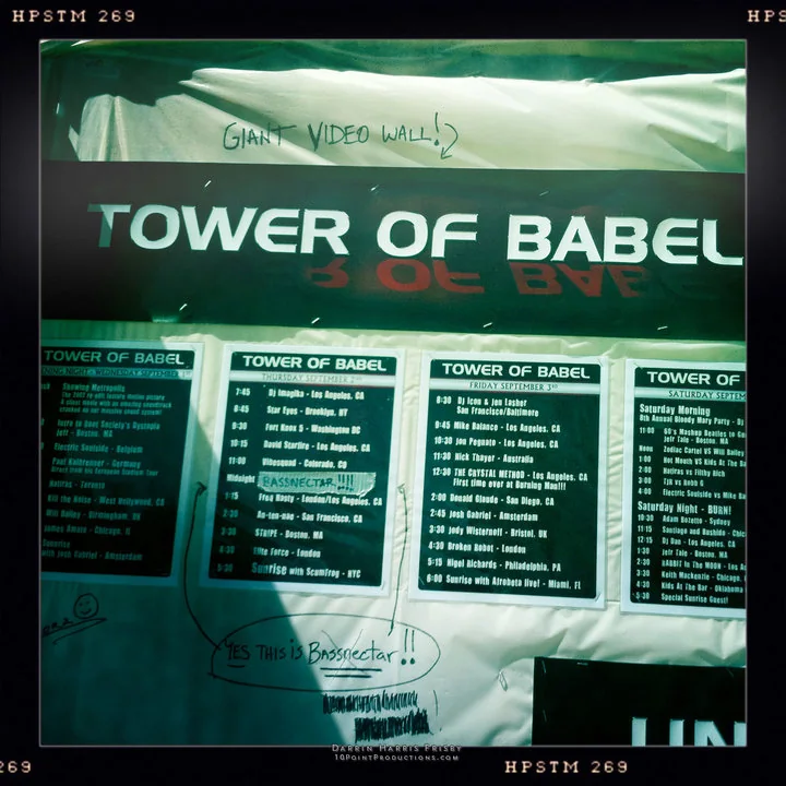 Tower of Babel lineup board at Root Society Burning Man 2010