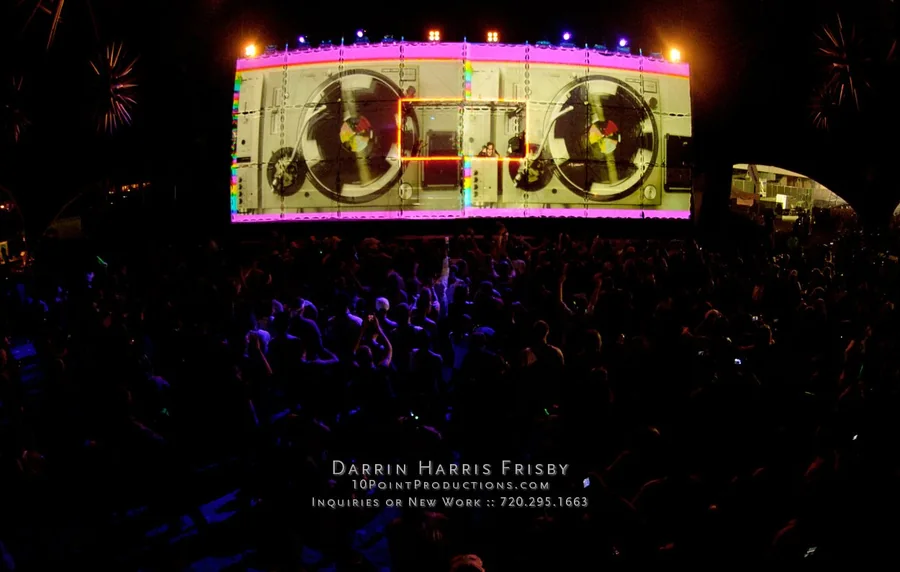 Root Society Tower of Babel panoramic projection with crowd at night