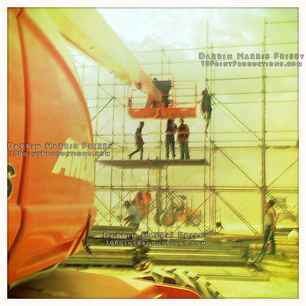 Daytime view of the Tower of Babel scaffolding and projection fabric