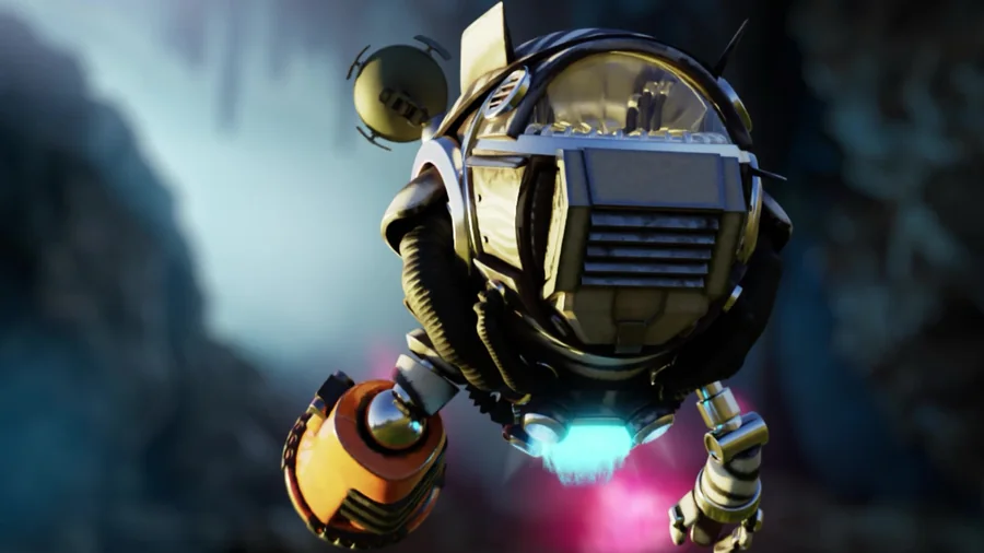 Seeker character using a bright light inside a canyon scene